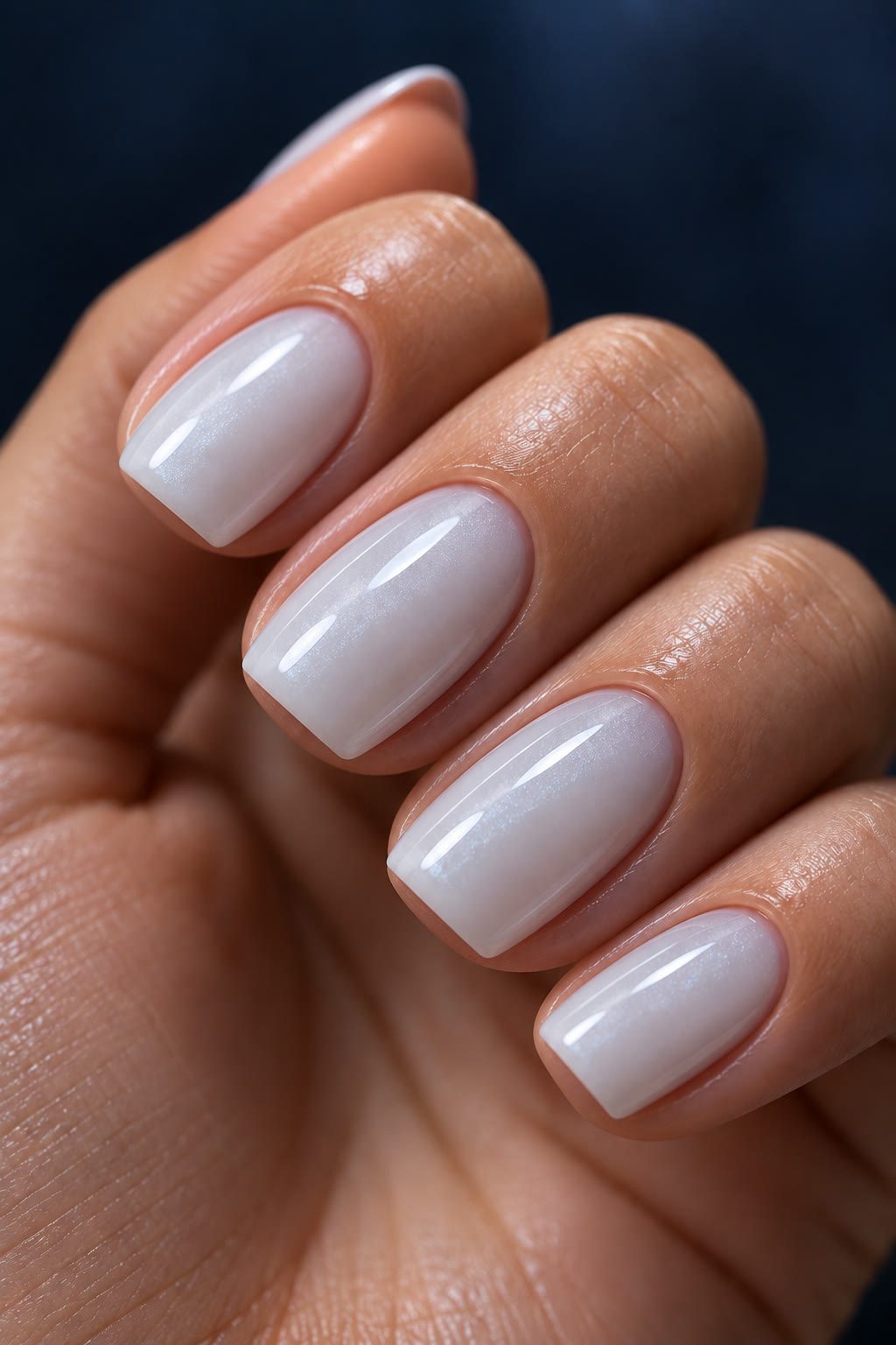 Korte vierkante nagels in melkwit met een parelglans