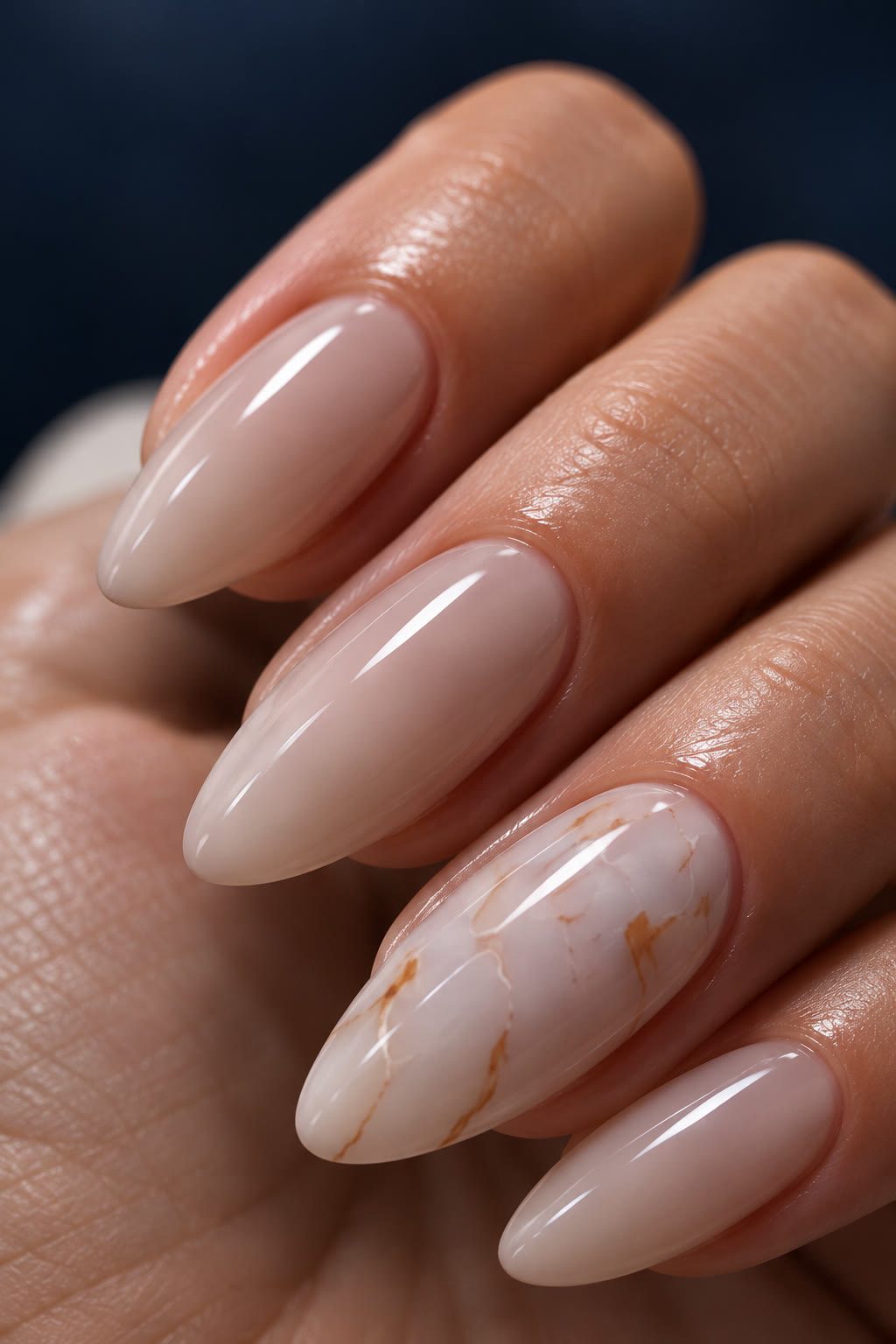 Amandelnagels in milky nude met een marmeraccent op één nagel