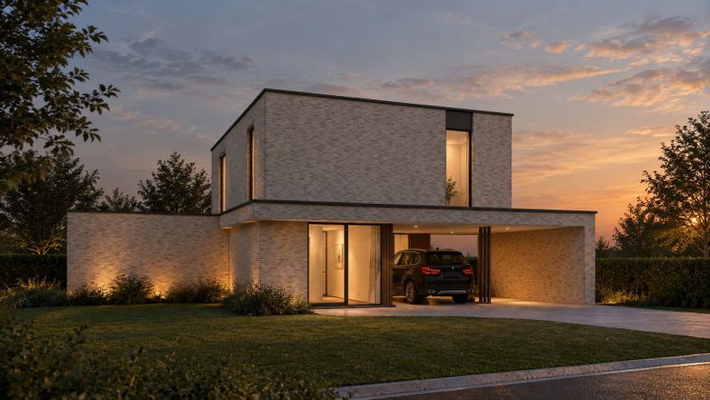 De villa bij avondschemering, met verlichte carport en inkom