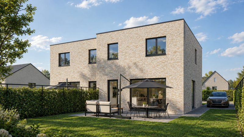 Achtertuin met terras en parasol voor de kubusvormige woning