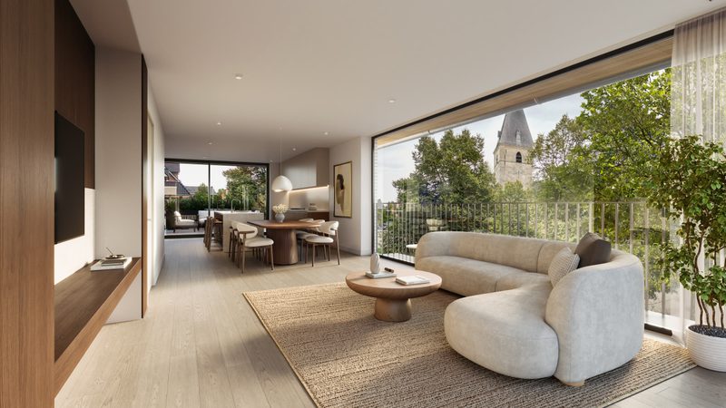 Leefruimte met houten wand, ronde zetel en een glazen gevel op het terras