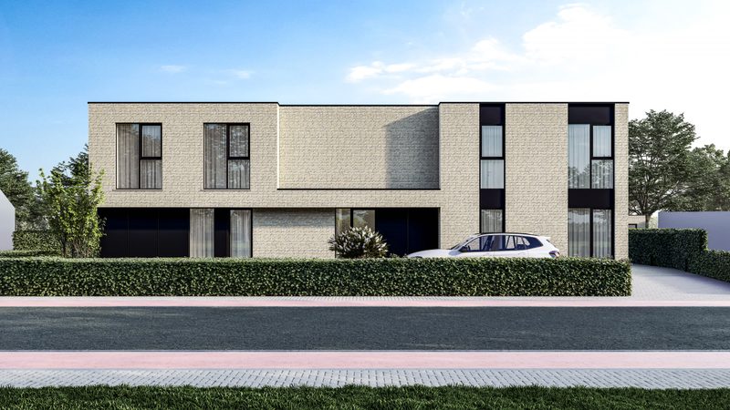 Vooraanzicht van de woningen in lichte baksteen, met haag en oprit