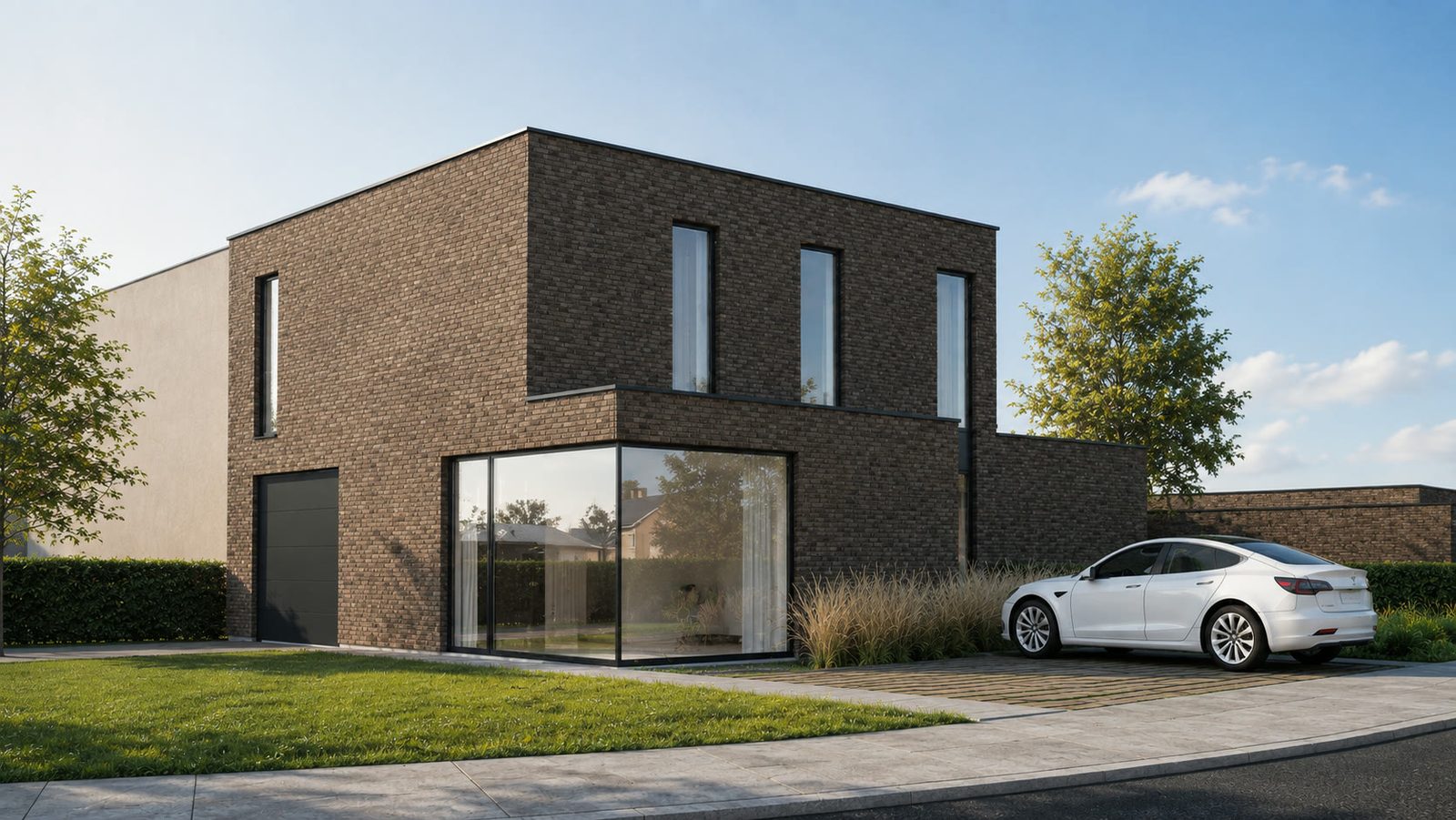 Kubusvormige woning in donkere baksteen met een grote hoekraampartij
