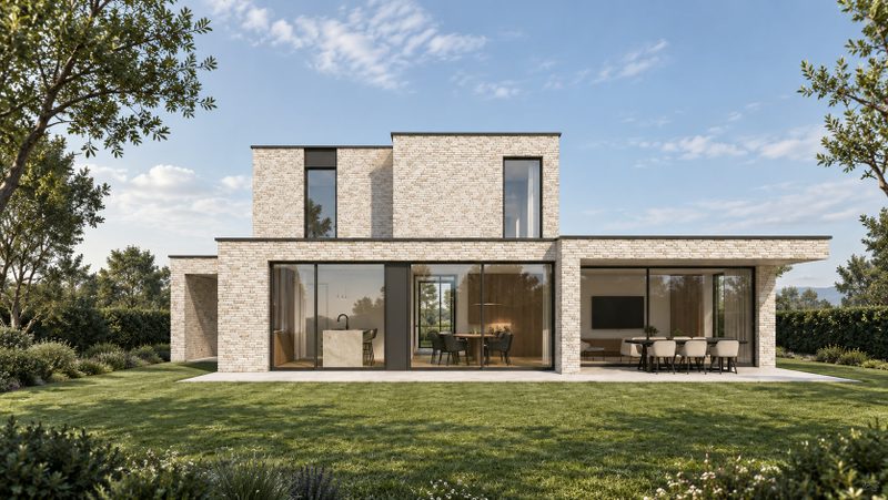 Villa in lichte baksteen met grote glaspartijen, gezien vanuit de tuin