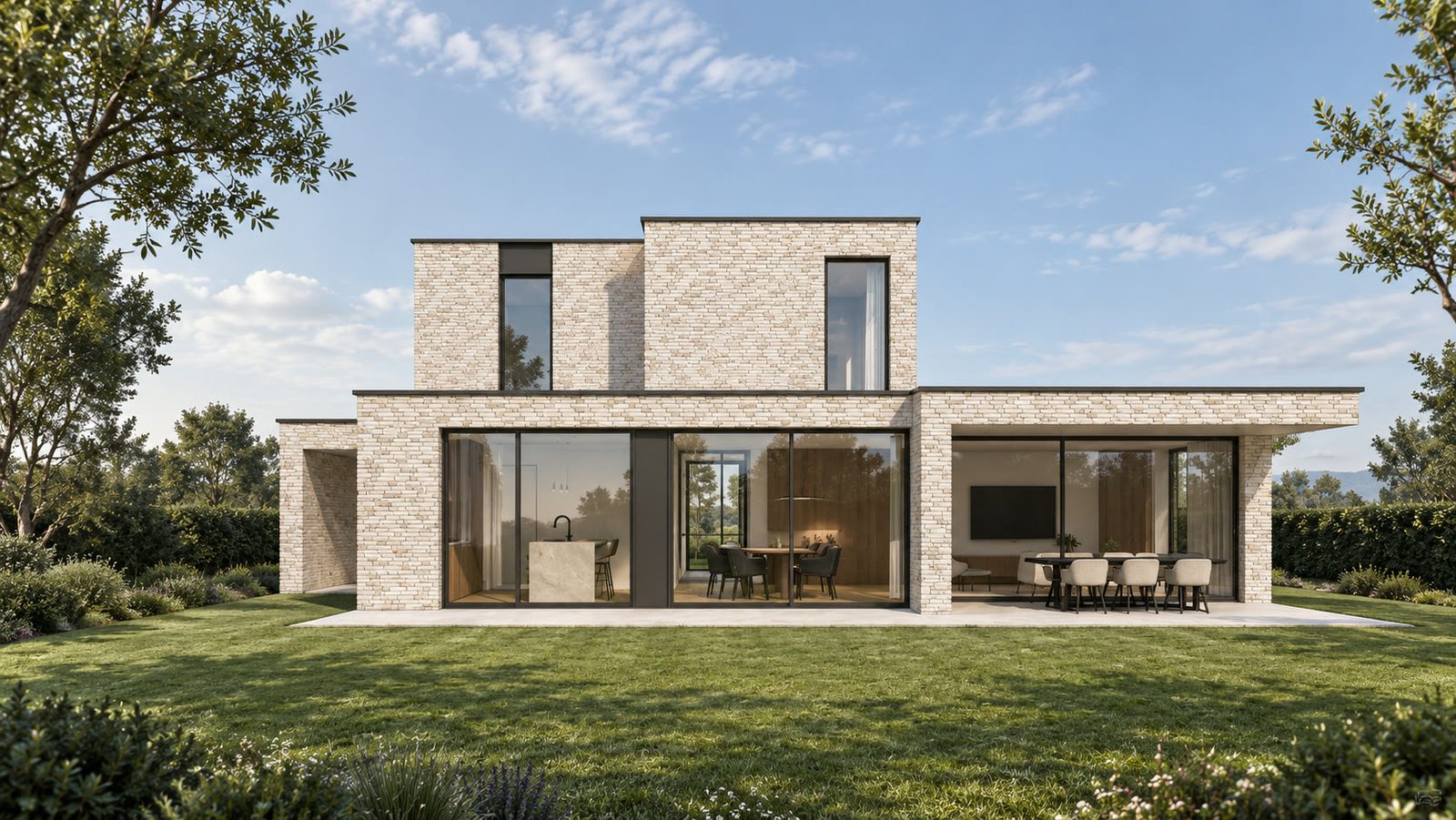 Villa in lichte baksteen met grote glaspartijen, gezien vanuit de tuin